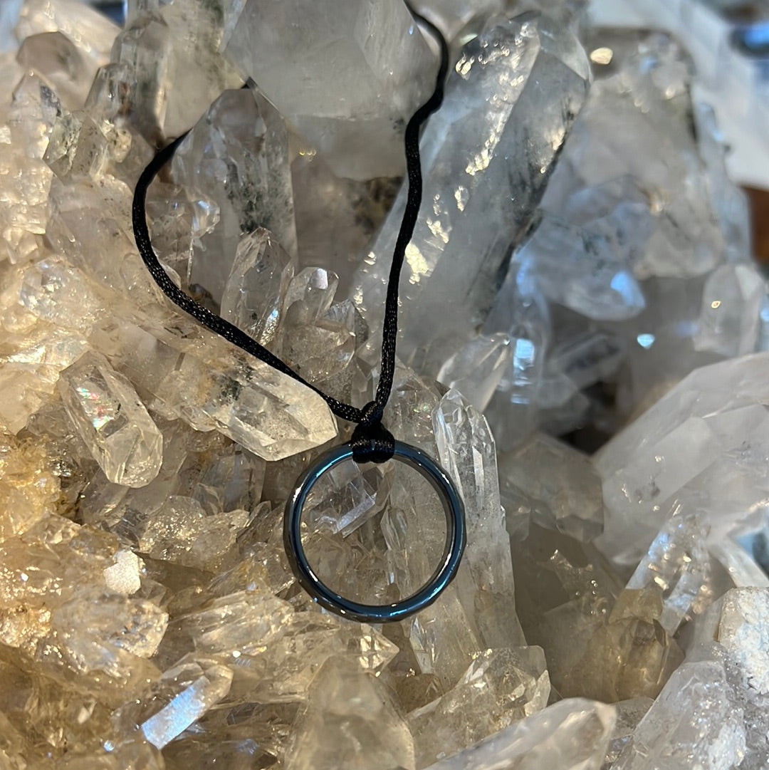 Hematite Ring On Cord Necklace