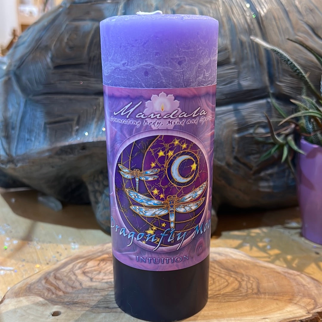 CJ~Mandala Dragonfly Moon Intuition Candle – Rocks, Crystals, and Gems