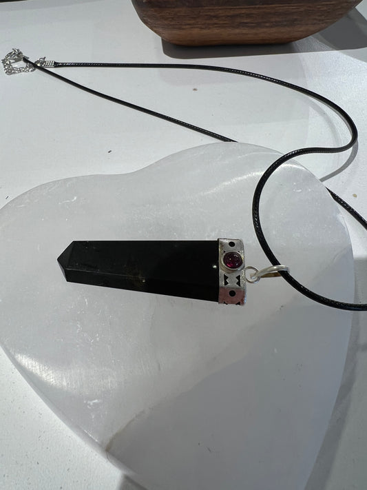 Black Tourmaline With Garnet Pendant