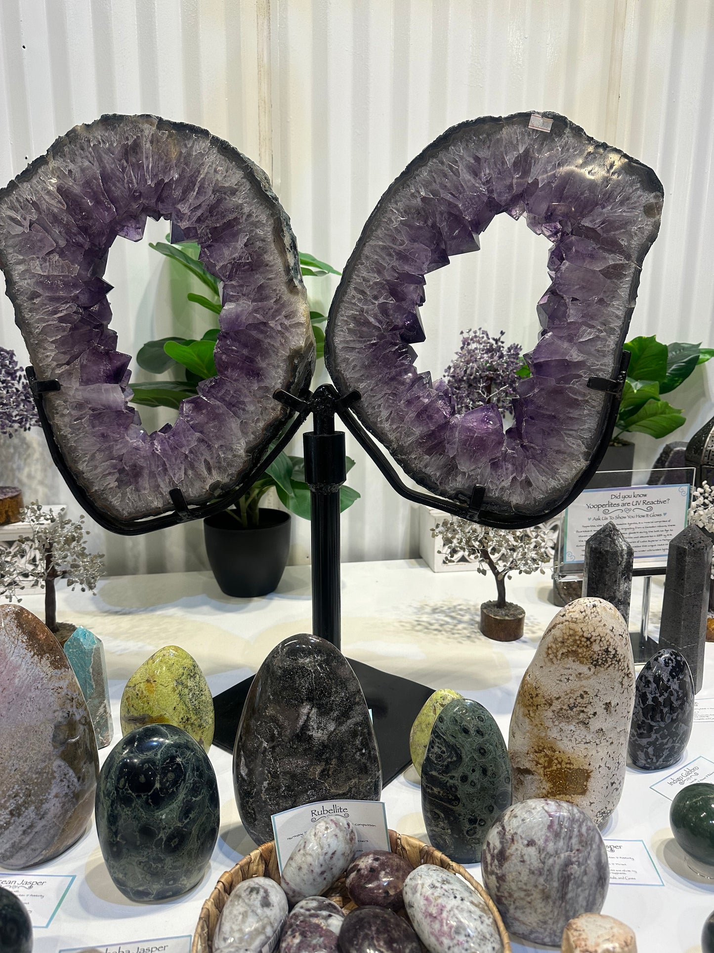 Natural Brazilian Amethyst Pair of Slices With Spinning Custom Stand