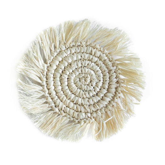 Straw Raffia Coasters with Fringe - White Boho Woven Wicker