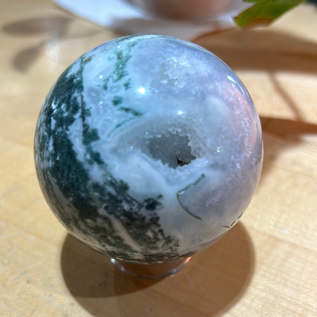 Moss Agate Sphere With Druzy Pocket