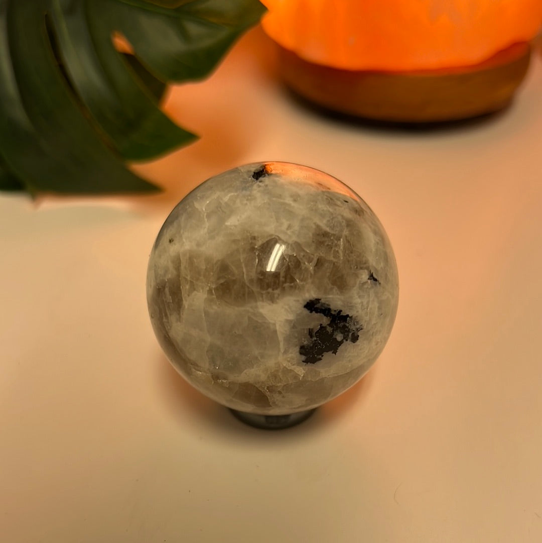 Rainbow Moonstone Sphere With Smoky Quartz
