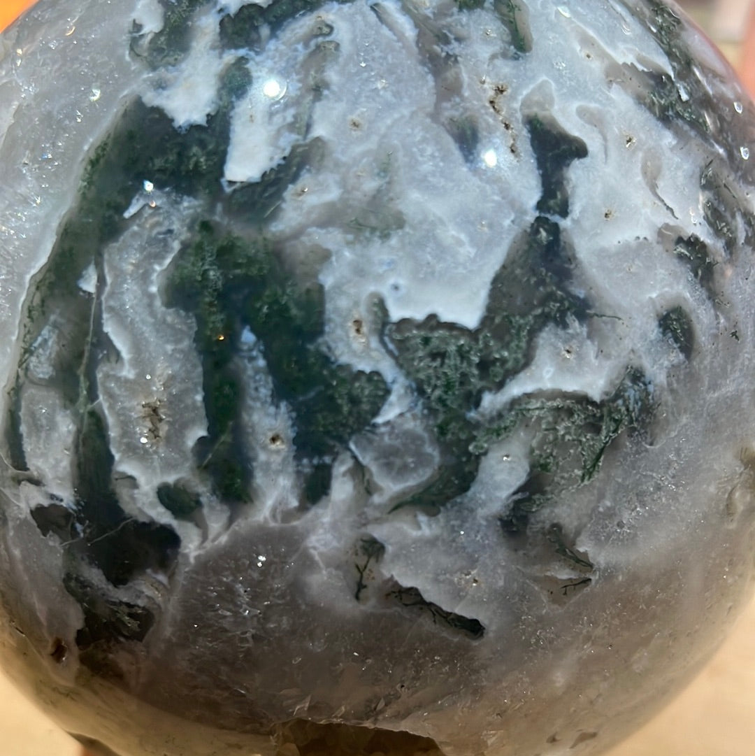 Large Moss Agate Sphere With Druzy Pockets