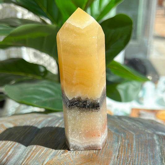 Yellow Calcite Tower With Chalcedony